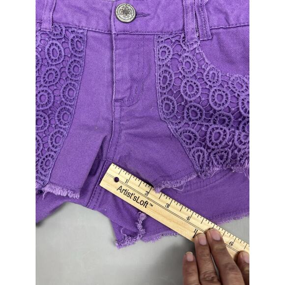 Jolt Micro Mini Denim Shorts Size 5 Purple Low Rise Crocheted Retro Festival - Picture 6 of 11